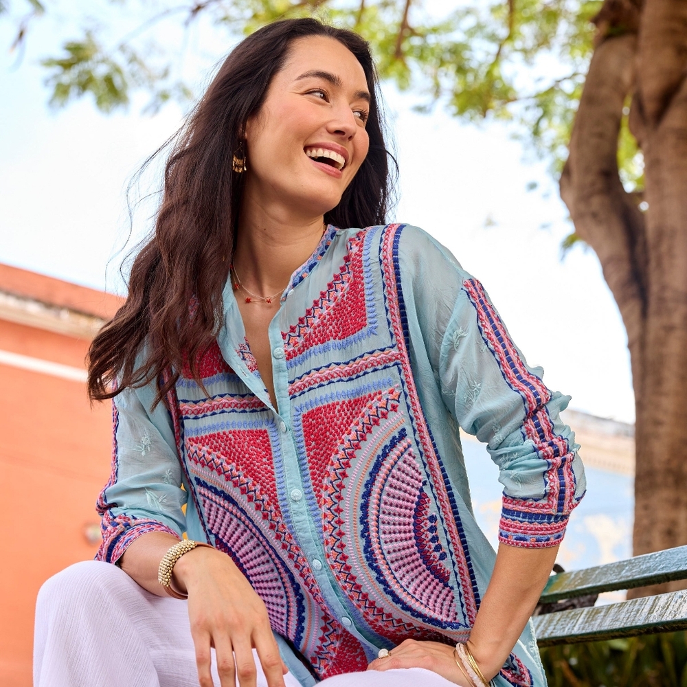 NWT Johnny Was Audrey Mandarin Collar Embroidered Button Down Blouse